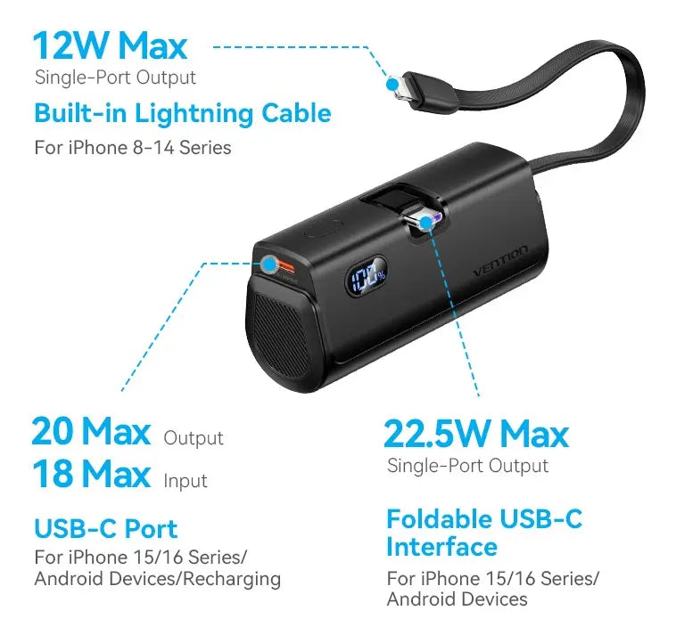 Cargador Portatil Powerbank Light+ Usb C 20w 4800mah Vention