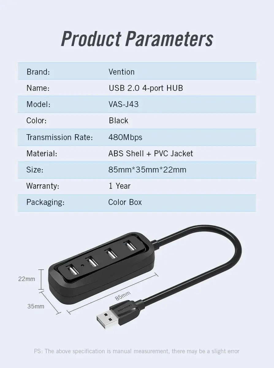 Hub Usb Vention 4 Puertos 2,0 + Cable,- Negro