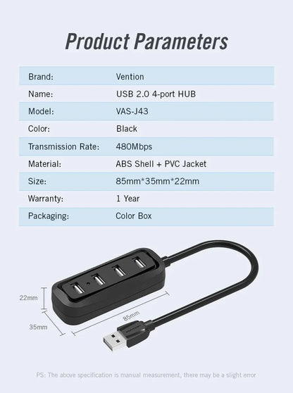 Hub Usb Vention 4 Puertos 2,0 + Cable,- Negro