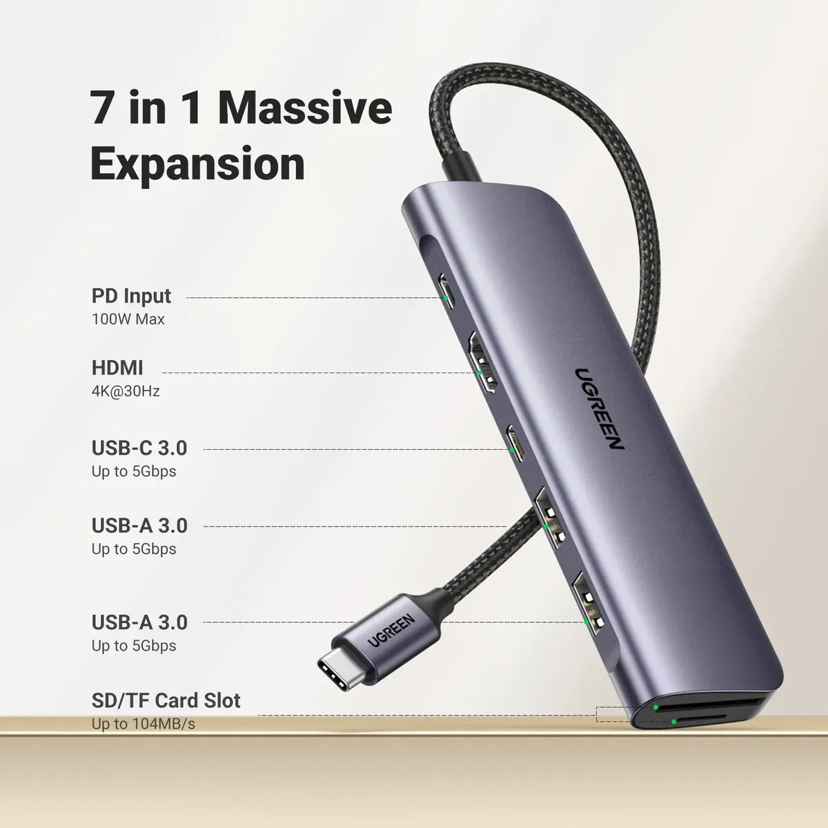 Hub Multipuerto Usb C 7 En 1 Hdmi 4k Usb 3,0 Sd 100w Ugreen Plateado