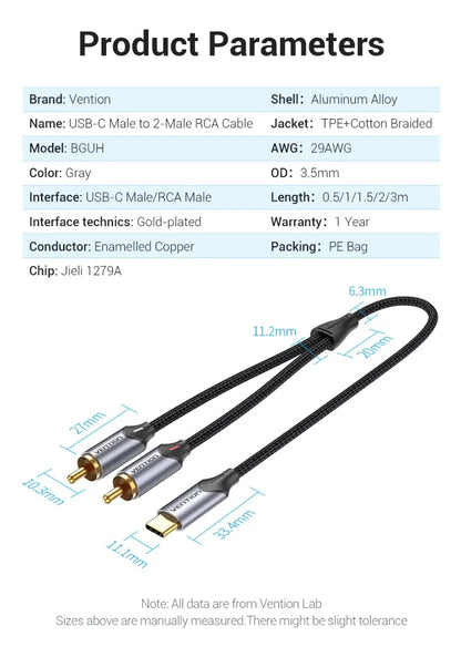 Cable De Audio Usb Tipo C Macho A Rca Macho 3m Vention