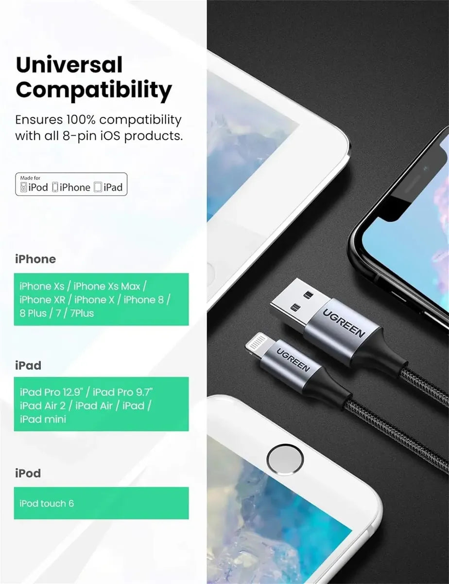 Cable Usb A Lightning Para iPhone Plateado 2,4a 2m Ugreen