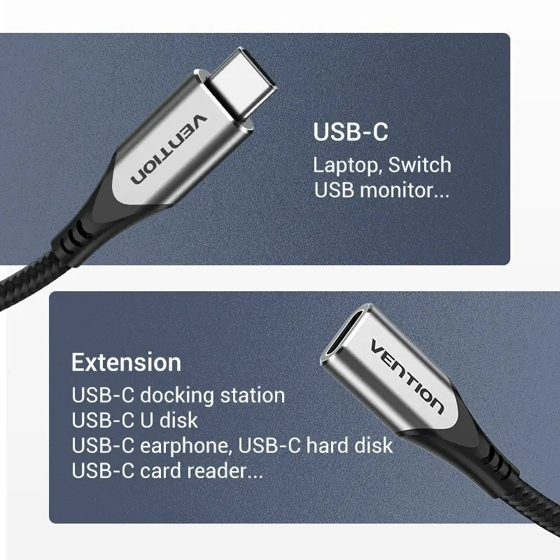 Cable Extensor Usb C 0,5 M Algodon Mallado Vention Negro