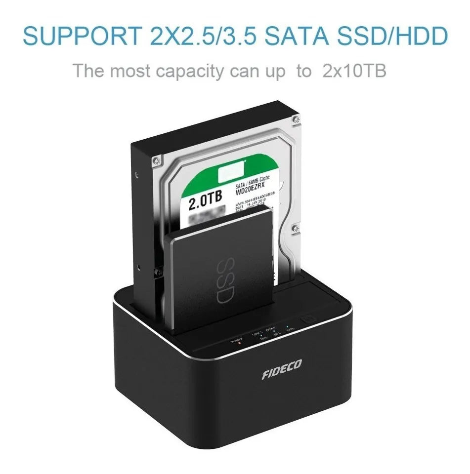 Docking Station 2 Bahias Clonador Sata Hdd Ssd 16tb Fideco
