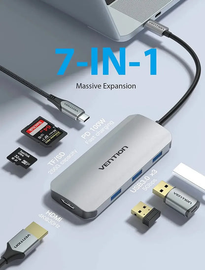 Hub Multipuerto 7 En 1 Usb C Hdmi Usb 3,0 Tarjeta Sd Vention Plateado