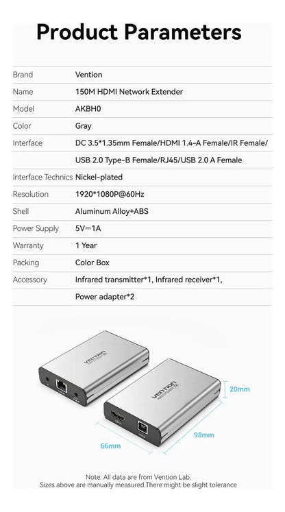 Extensor Hdmi Rj45 Red Ir Usb Soporta 150m Hd@60hz Vention