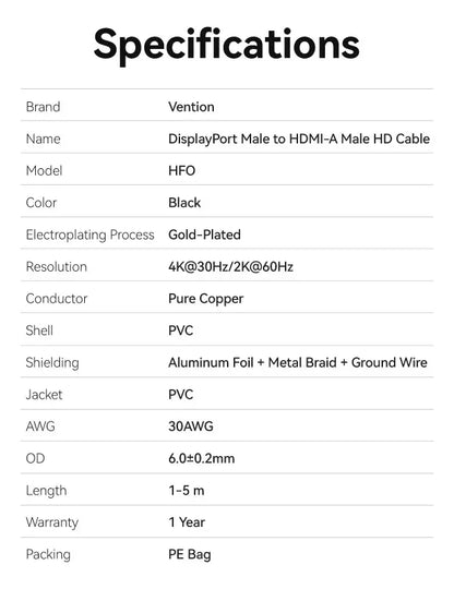 Cable Display Port A Hdmi 4k 30hz 2k 60hz 3d 1 M Vention
