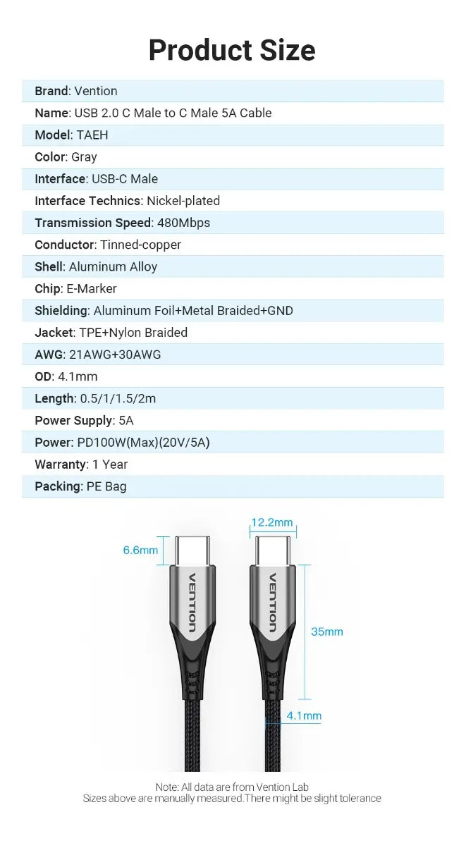 Cable Usb C Vention 2 Mts Carga Rapida 100w Pd 3,1 Trenzado Negro