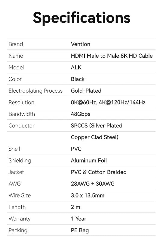 Cable Hdmi 2,1 8k 60hz 48gbps Hdr Trenzado 2 Metros Vention