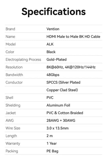 Cable Hdmi 2,1 8k 60hz 48gbps Hdr Trenzado 2 Metros Vention