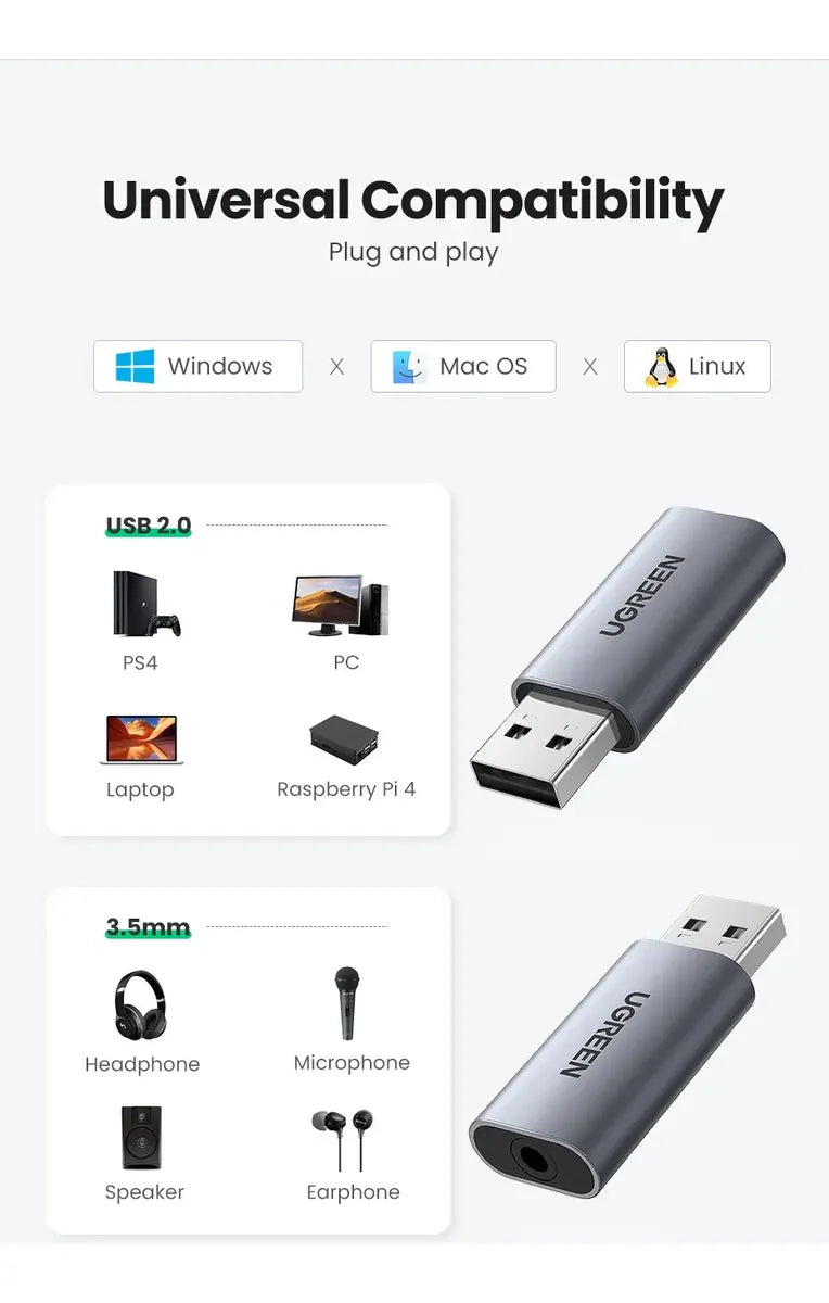 Adaptador De Audio Externo Usb 2,0 A 3,5 Mm Ugreen