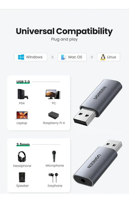 Adaptador De Audio Externo Usb 2,0 A 3,5 Mm Ugreen