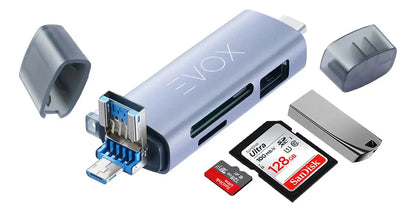 Lector Memorias Usb 3,0 Micro Usb C Sd Sdhc Tf 3 En 1 Evox Plateado