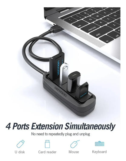 Hub Premium Usb 4 Puertos 2,0 Con Cable De 15cm Vention Negro