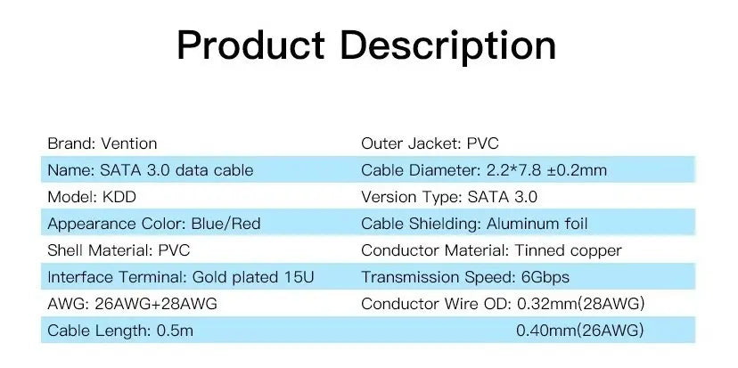 Cable Sata 3,0 Datos Grabador Disco Duro Doble Traba Vention Rojo