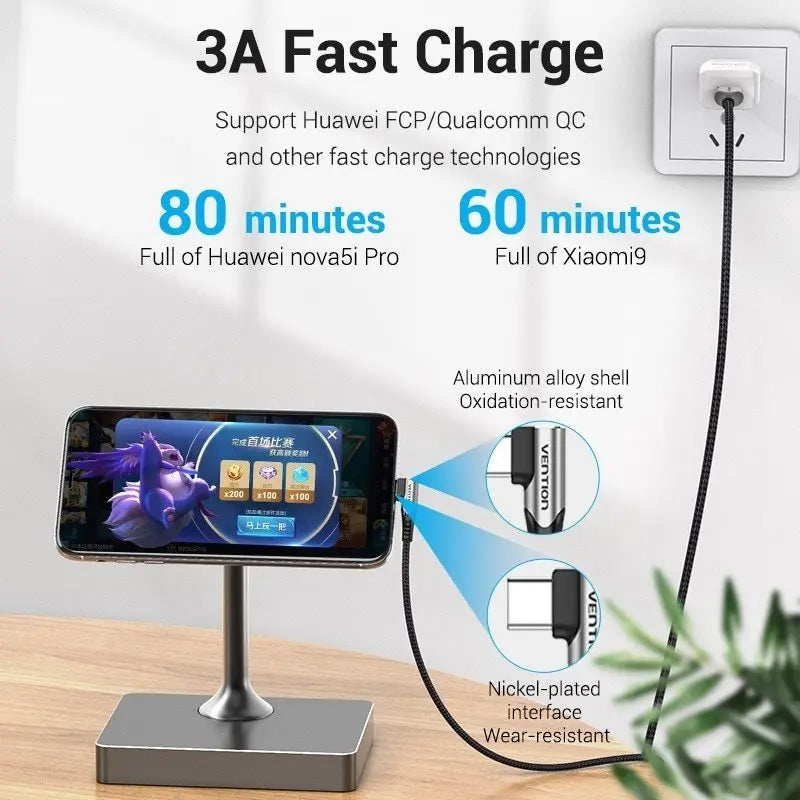 Cable Usb-c 90° A Usb - Carga Rapida Y Dato - 1,5m - Vention Negro