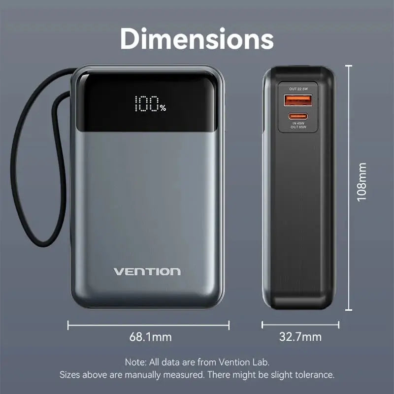 Cargador Portatil Power Bank Usb C 20000mah 65w Vention Gris Oscuro