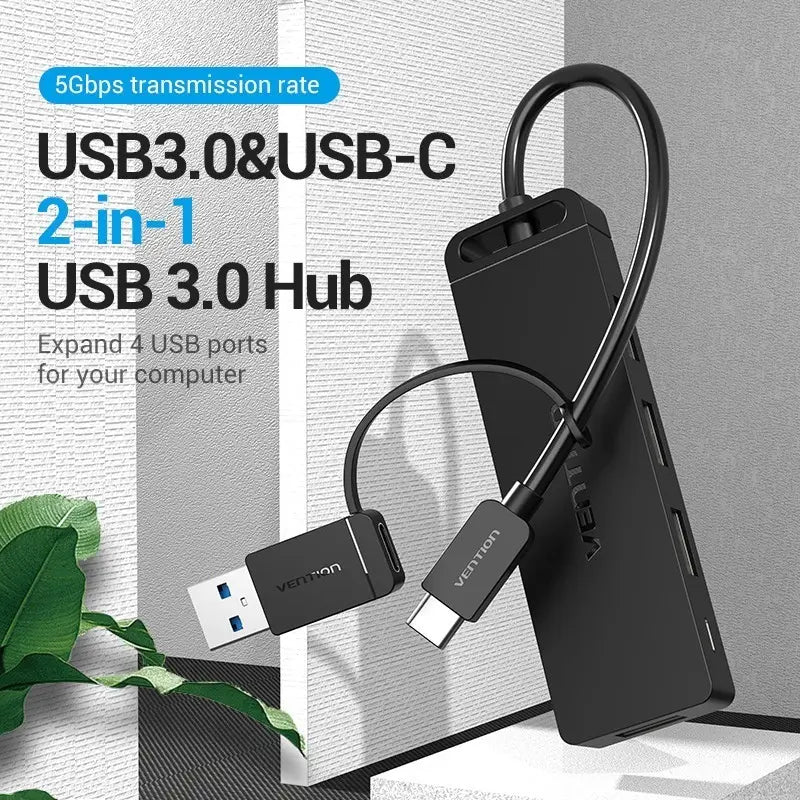 Hub Adaptador Usb Y Usb C 4 Puertos 3,0 + Micro Usb Vention Negro