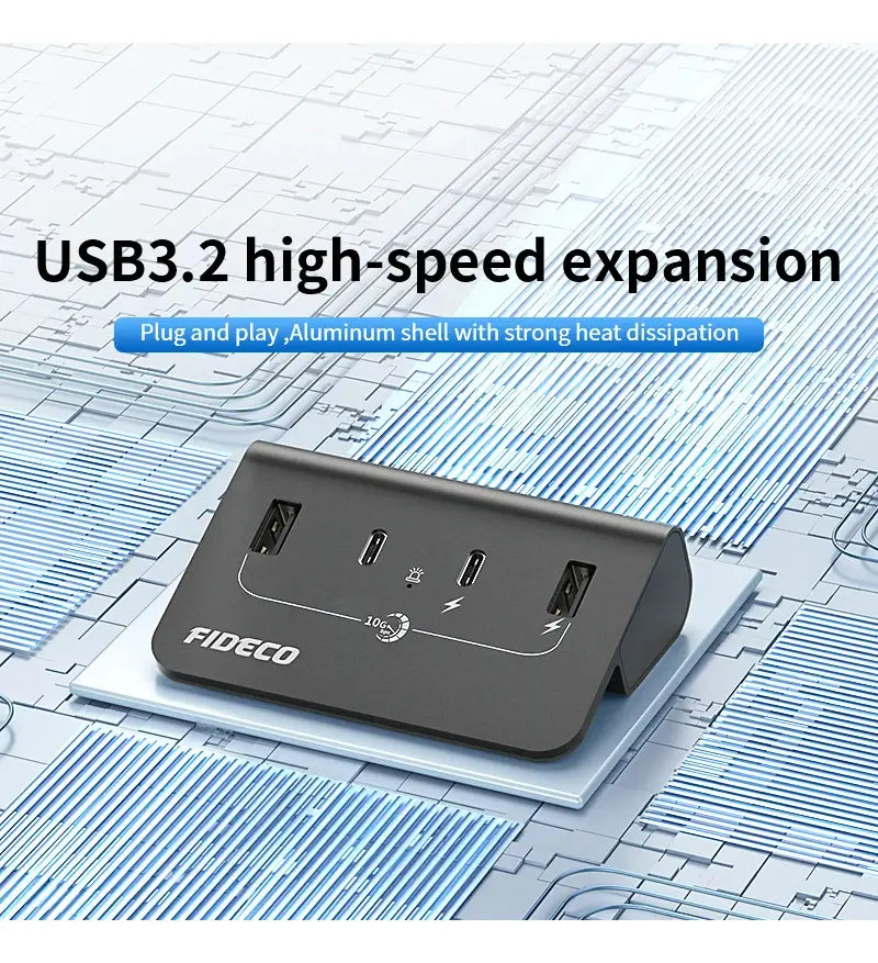 Hub Premium 4 Puertos Usb 3,0 + Usb C 10 Gbps Fideco Negro