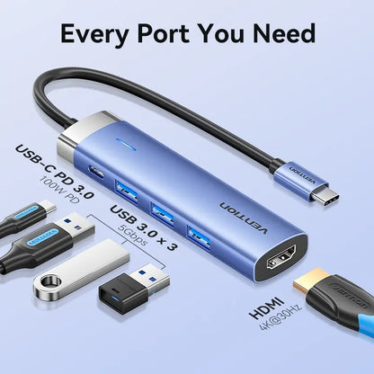 Hub Multipuerto Usb C 5 En 1 Hdmi 4k Carga 100w 3,0 Vention Azul Acero