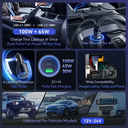 Cargador De Auto Rapido Usb C 3 Puertos 165w Celular Vention Plateado
