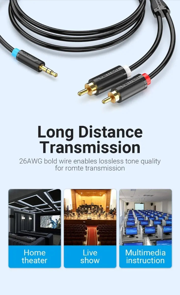 Cable Auxiliar Adaptador De 3,5 Mm A 2 Rca 2m Macho Vention