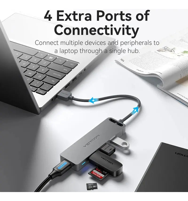 Hub Multipuerto Usb 3,0 X4 5 En 1 Gris Carga 0,5cm Vention Gris