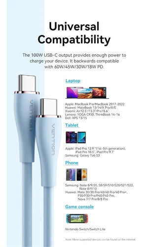 Cable Usb C Carga Rapida 1,5m 5a 100w Pd Silicona Vention Celeste