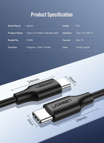 Cable Trenzado Usb C 2,0 3a 0,5m Macho A Macho Vention Negro