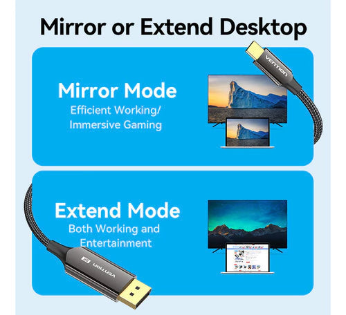 Cable Usb C A Displayport 8k 0,5m Vention Bidireccional Negro