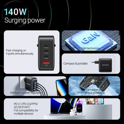 Kit Cargador Pared Carga Rapida 140w Bivolt + Cable Vention
