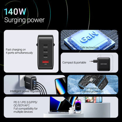 Kit Cargador Pared Carga Rapida 140w Bivolt + Cable Vention